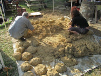 Forming the cob in to balls to be used for the pizza oven building blocks